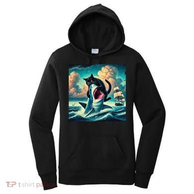Cat Biting Shark Funny Art And Cat Lover Funny Women's Hoodie