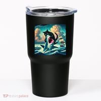 Cat Biting Shark Funny Art And Cat Lover Funny Tumbler thumb 0