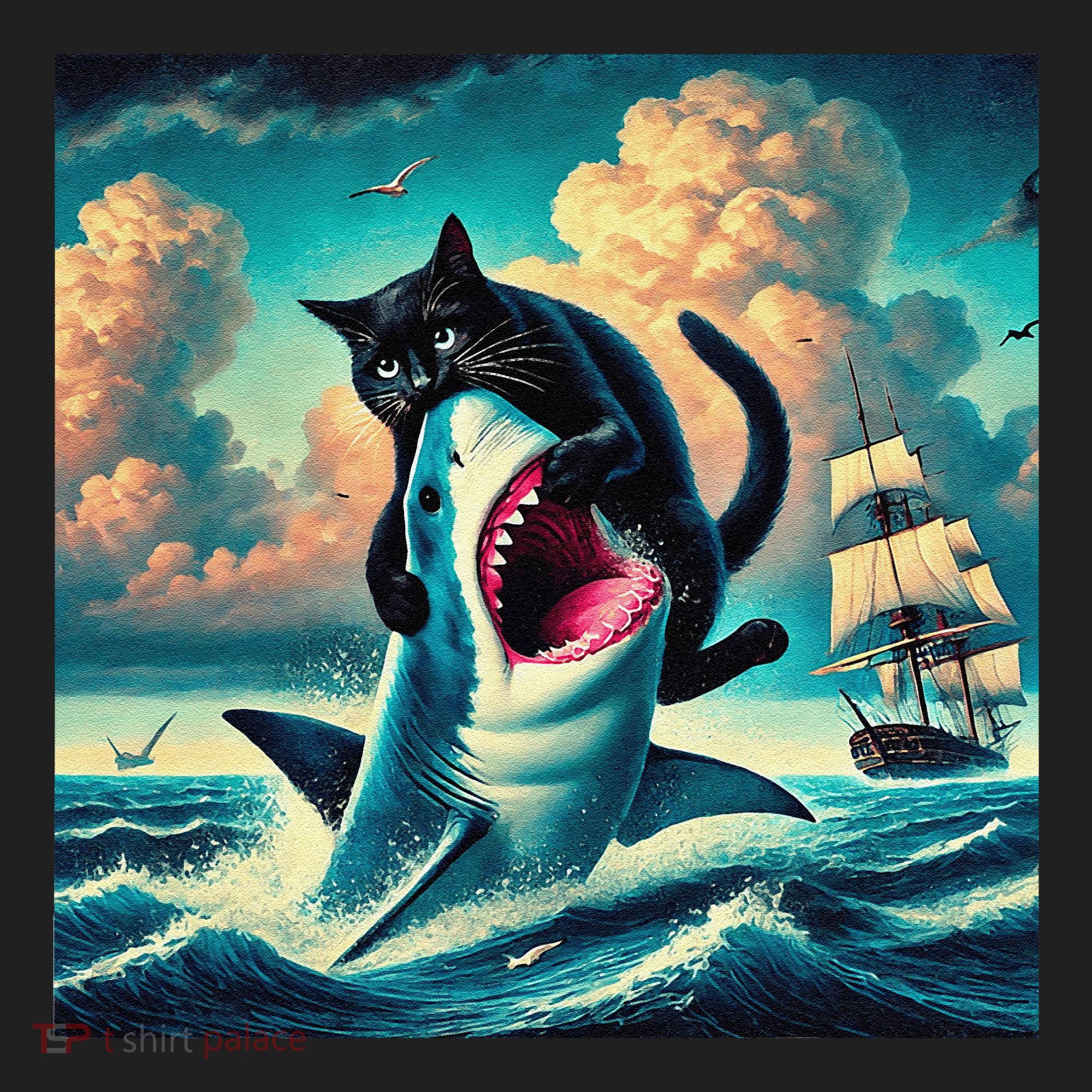 Cat Biting Shark Funny Art And Cat Lover Funny Tumbler