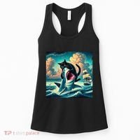 Cat Biting Shark Funny Art And Cat Lover Funny Women's Tank Top thumb 0