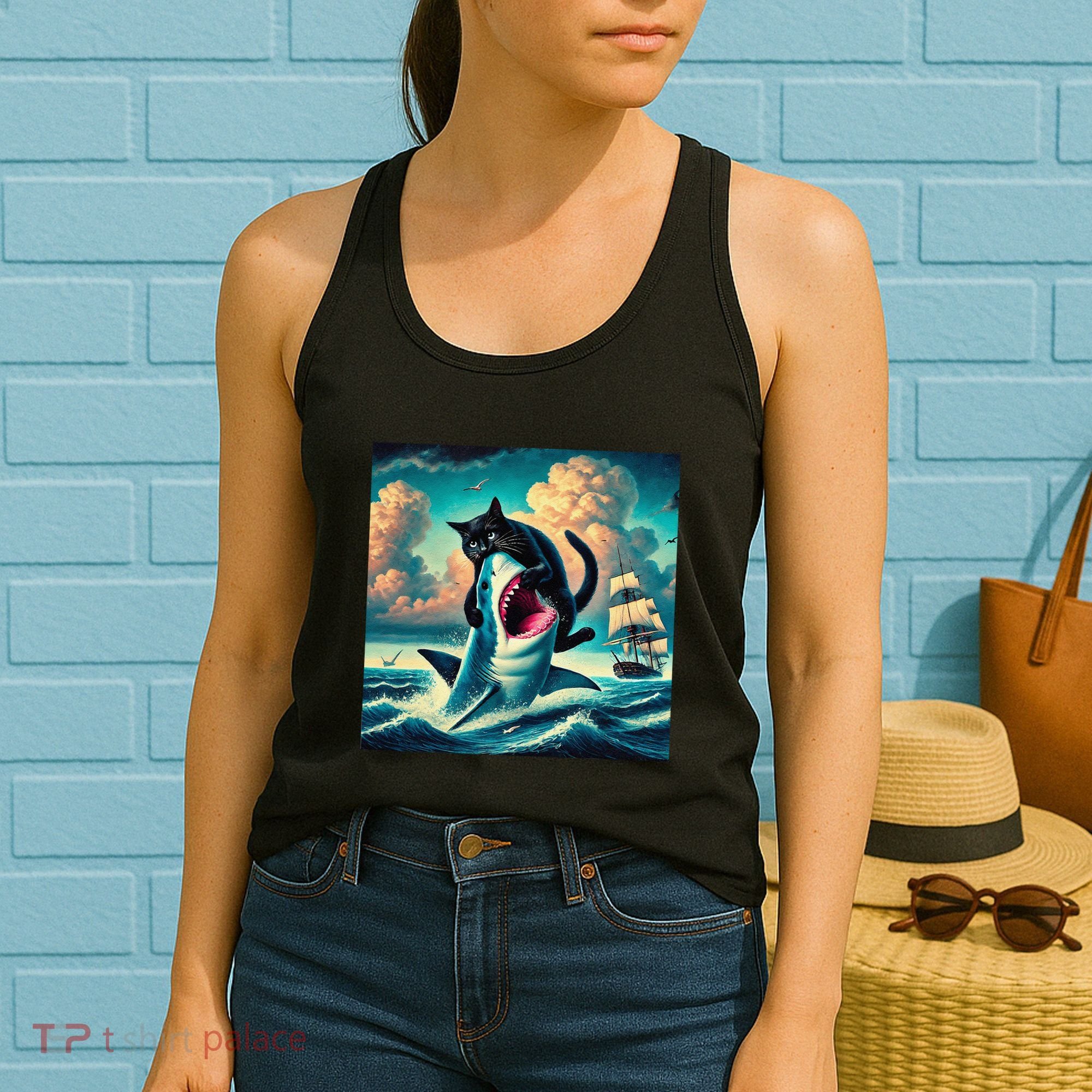 Cat Biting Shark Funny Art And Cat Lover Funny Women's Tank Top