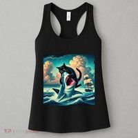 Cat Biting Shark Funny Art And Cat Lover Funny Women's Tank Top thumb 3