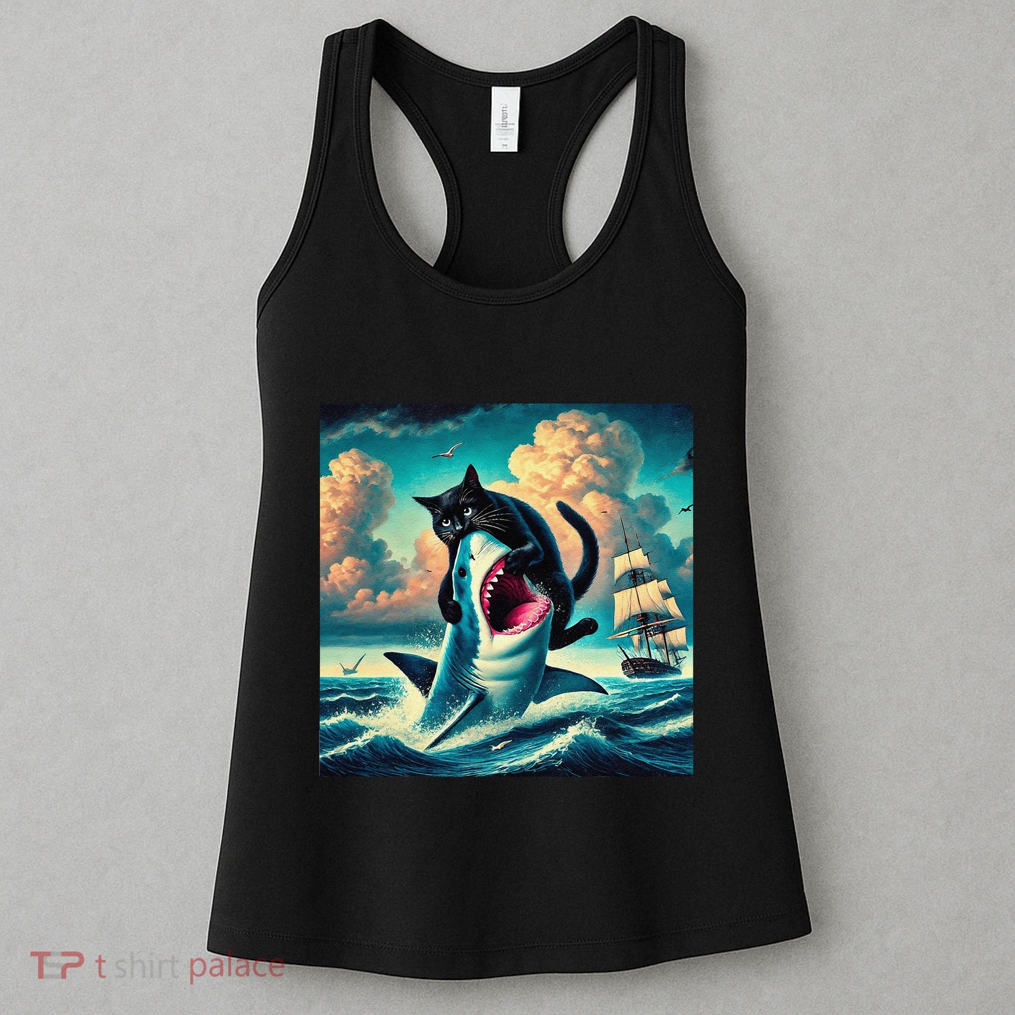 Cat Biting Shark Funny Art And Cat Lover Funny Women's Tank Top