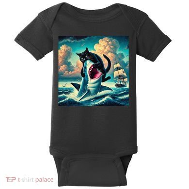 Cat Biting Shark Funny Art And Cat Lover Funny Baby Bodysuit