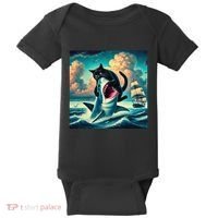 Cat Biting Shark Funny Art And Cat Lover Funny Baby Bodysuit thumb 0