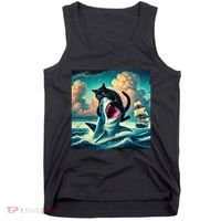 Cat Biting Shark Funny Art And Cat Lover Funny Tank Top thumb 0