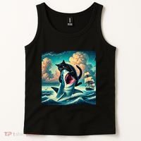 Cat Biting Shark Funny Art And Cat Lover Funny Tank Top thumb 2