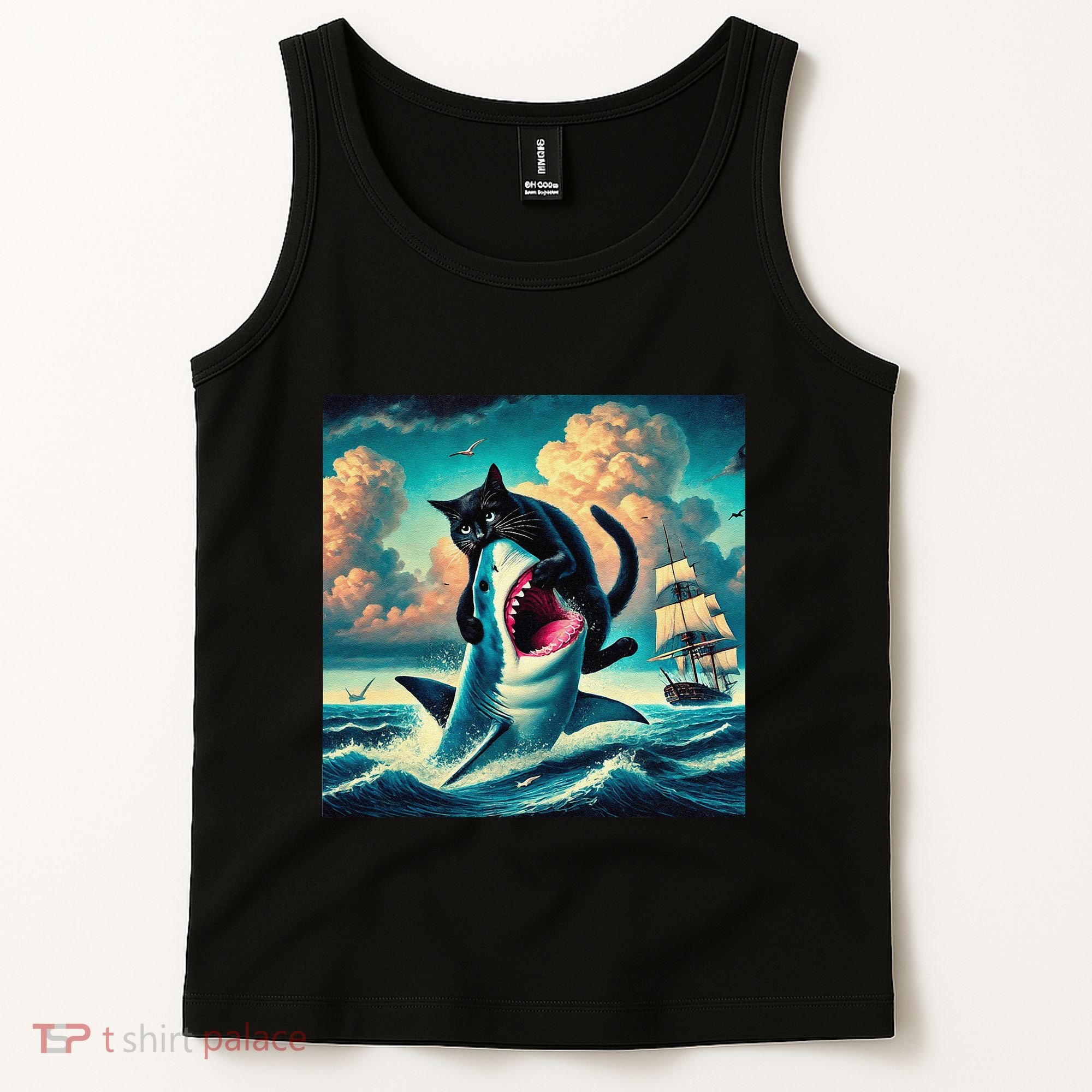 Cat Biting Shark Funny Art And Cat Lover Funny Tank Top