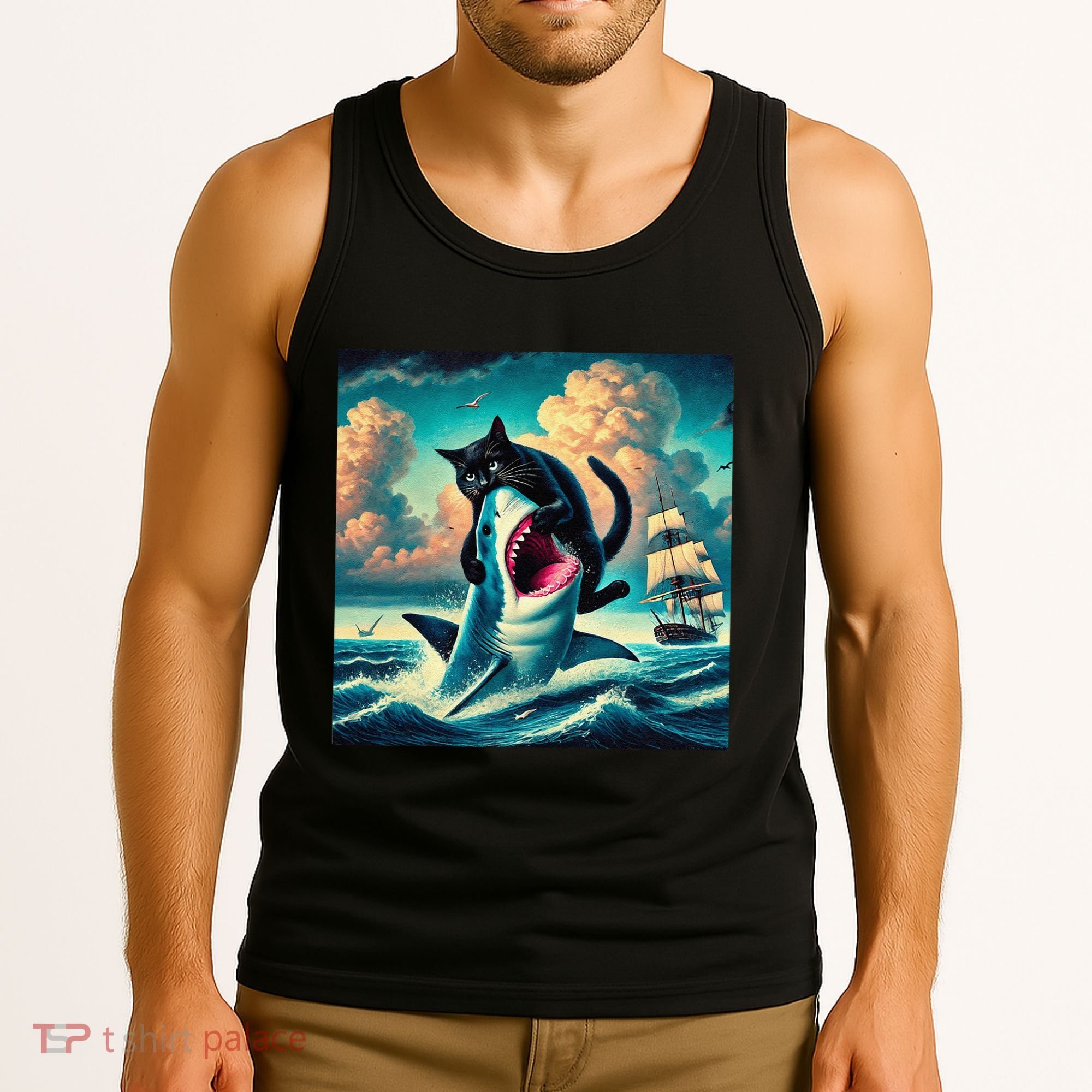 Cat Biting Shark Funny Art And Cat Lover Funny Tank Top