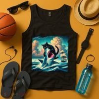 Cat Biting Shark Funny Art And Cat Lover Funny Tank Top thumb 4