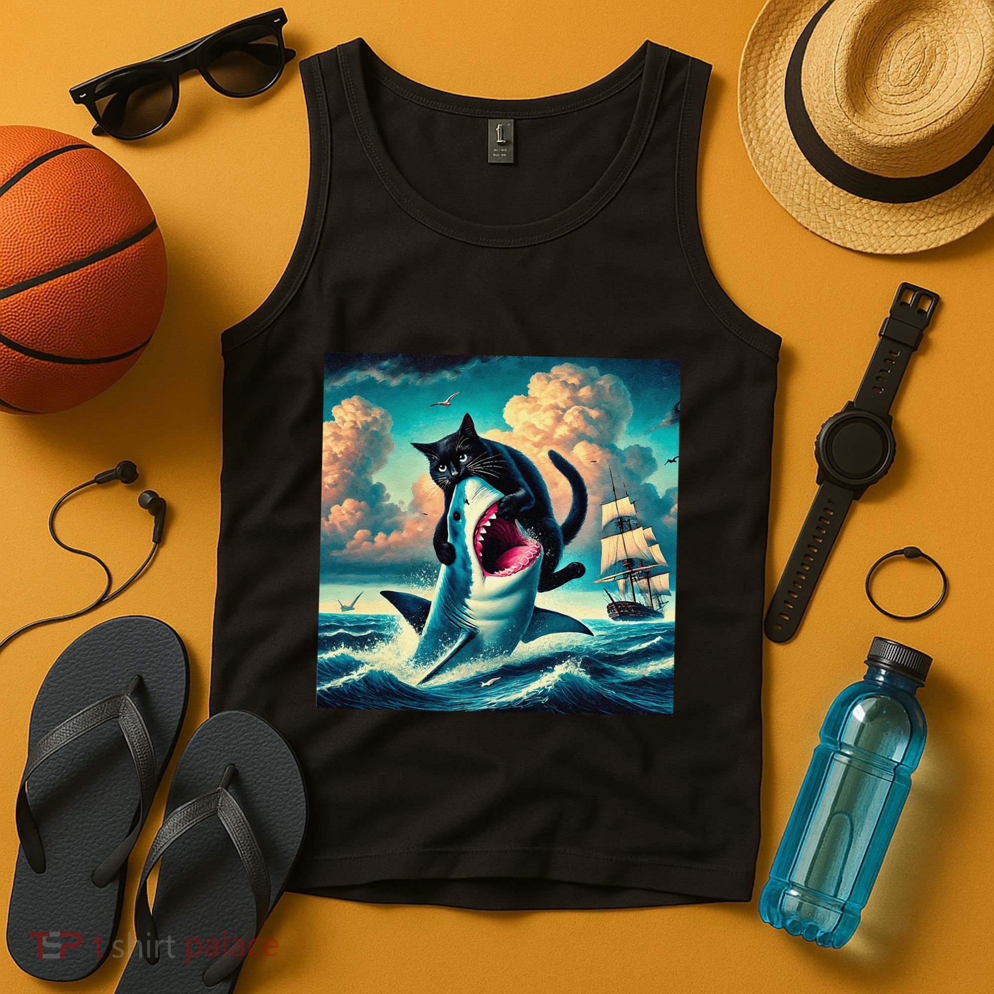 Cat Biting Shark Funny Art And Cat Lover Funny Tank Top