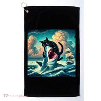 Cat Biting Shark Funny Art And Cat Lover Funny Golf Towel thumb 0