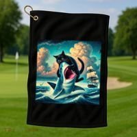 Cat Biting Shark Funny Art And Cat Lover Funny Golf Towel thumb 1