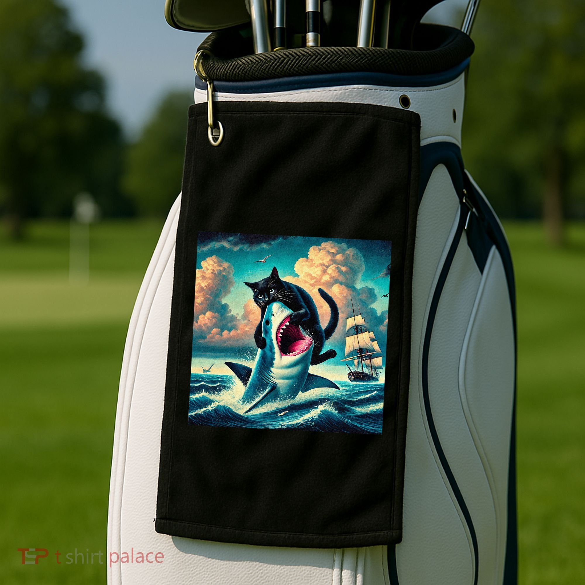 Cat Biting Shark Funny Art And Cat Lover Funny Golf Towel