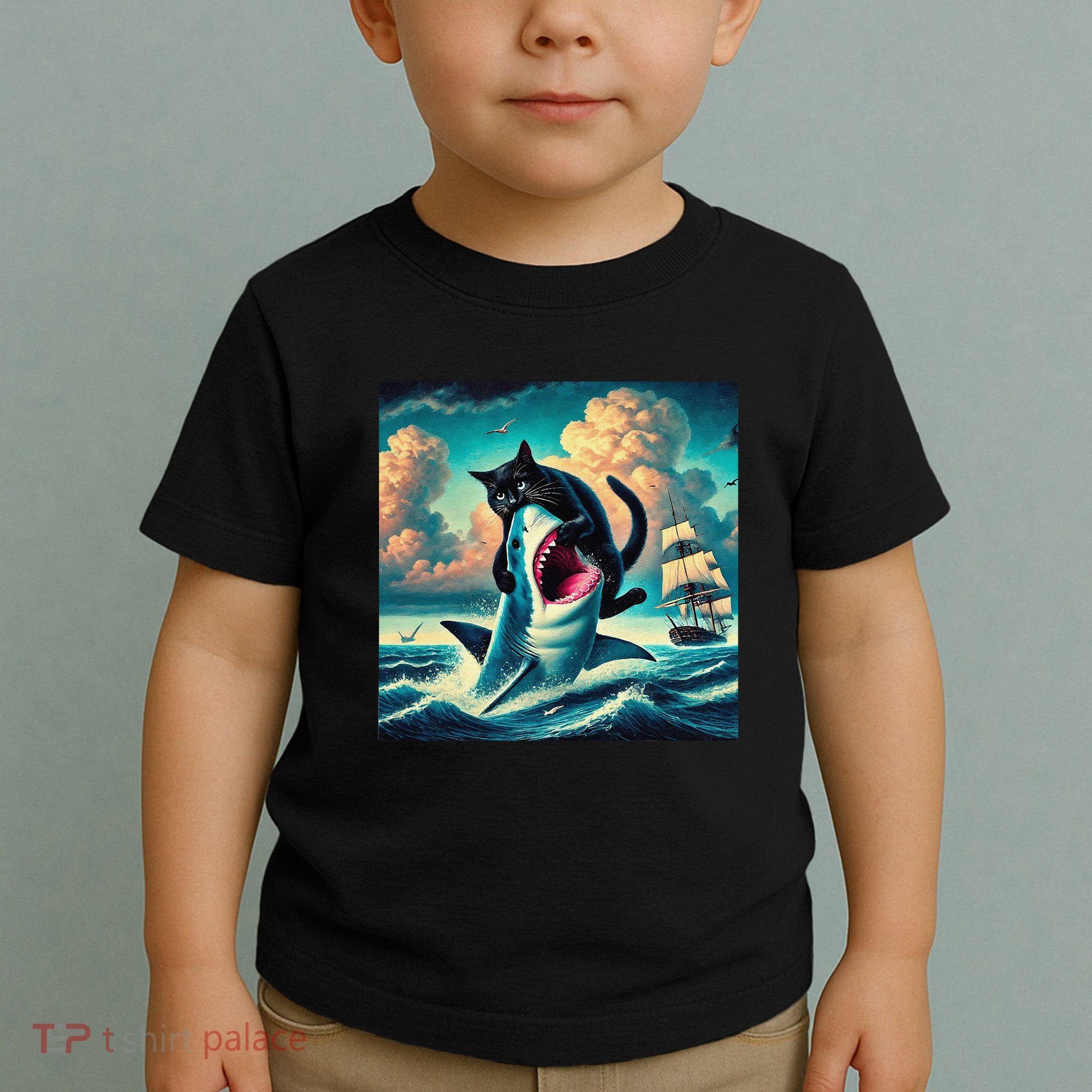 Cat Biting Shark Funny Art And Cat Lover Funny Toddler T-Shirt