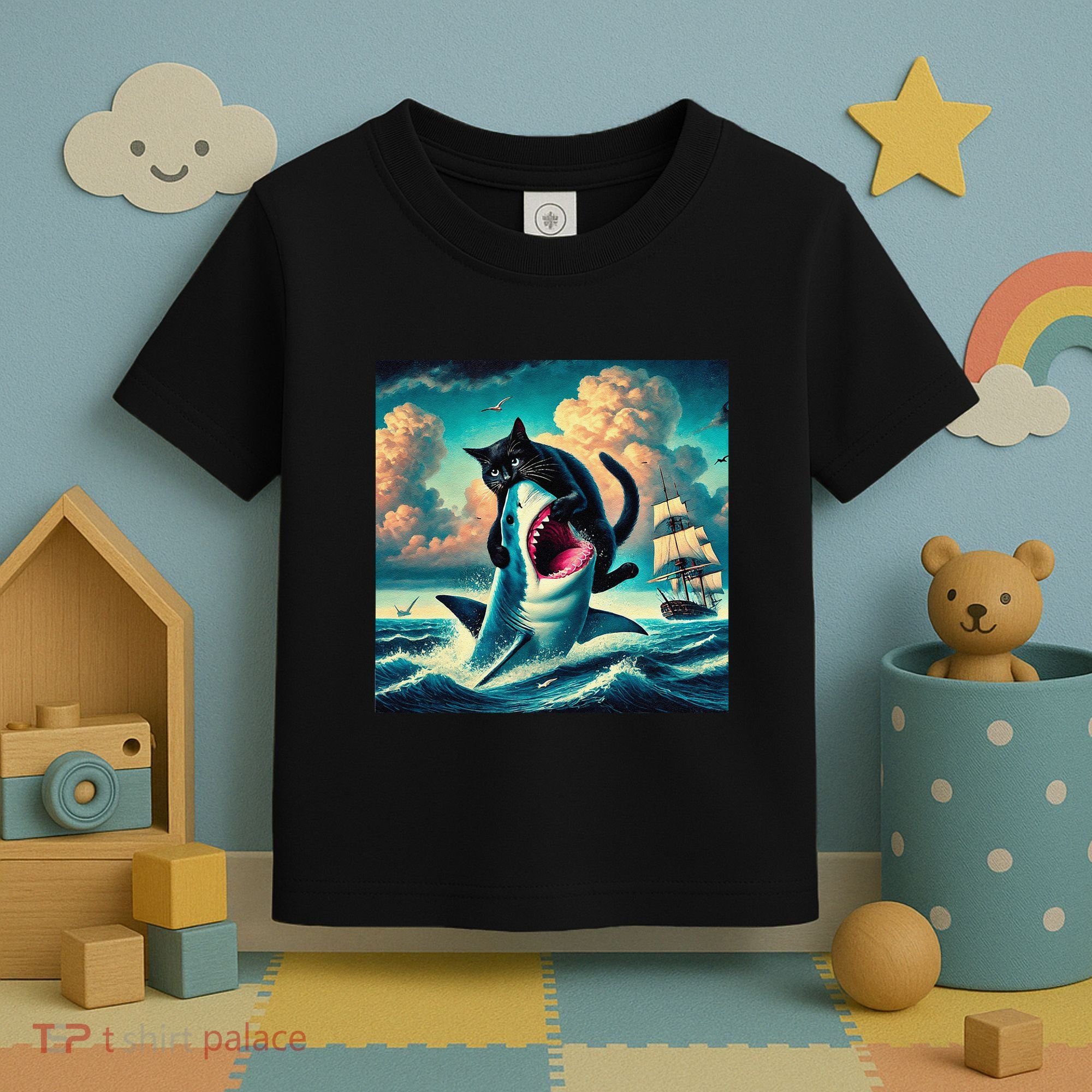 Cat Biting Shark Funny Art And Cat Lover Funny Toddler T-Shirt