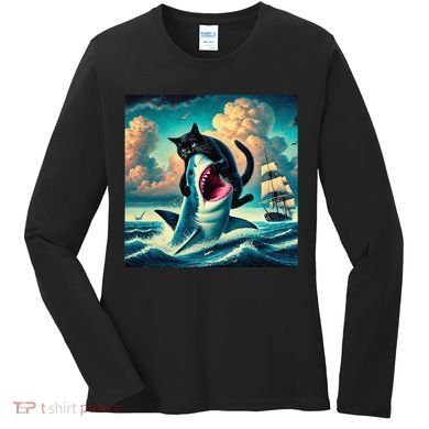 Cat Biting Shark Funny Art And Cat Lover Funny Women's Long Sleeve Shirt