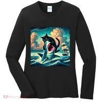 Cat Biting Shark Funny Art And Cat Lover Funny Women's Long Sleeve Shirt thumb 0