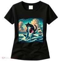 Cat Biting Shark Funny Art And Cat Lover Funny Women's T-Shirt thumb 0