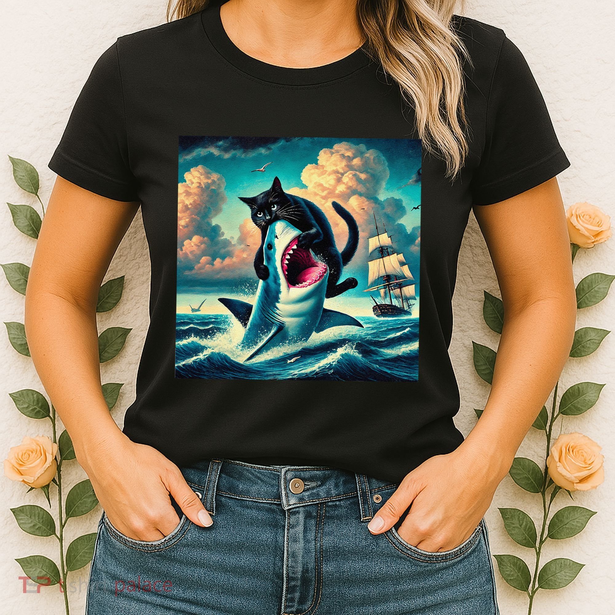 Cat Biting Shark Funny Art And Cat Lover Funny Women's T-Shirt
