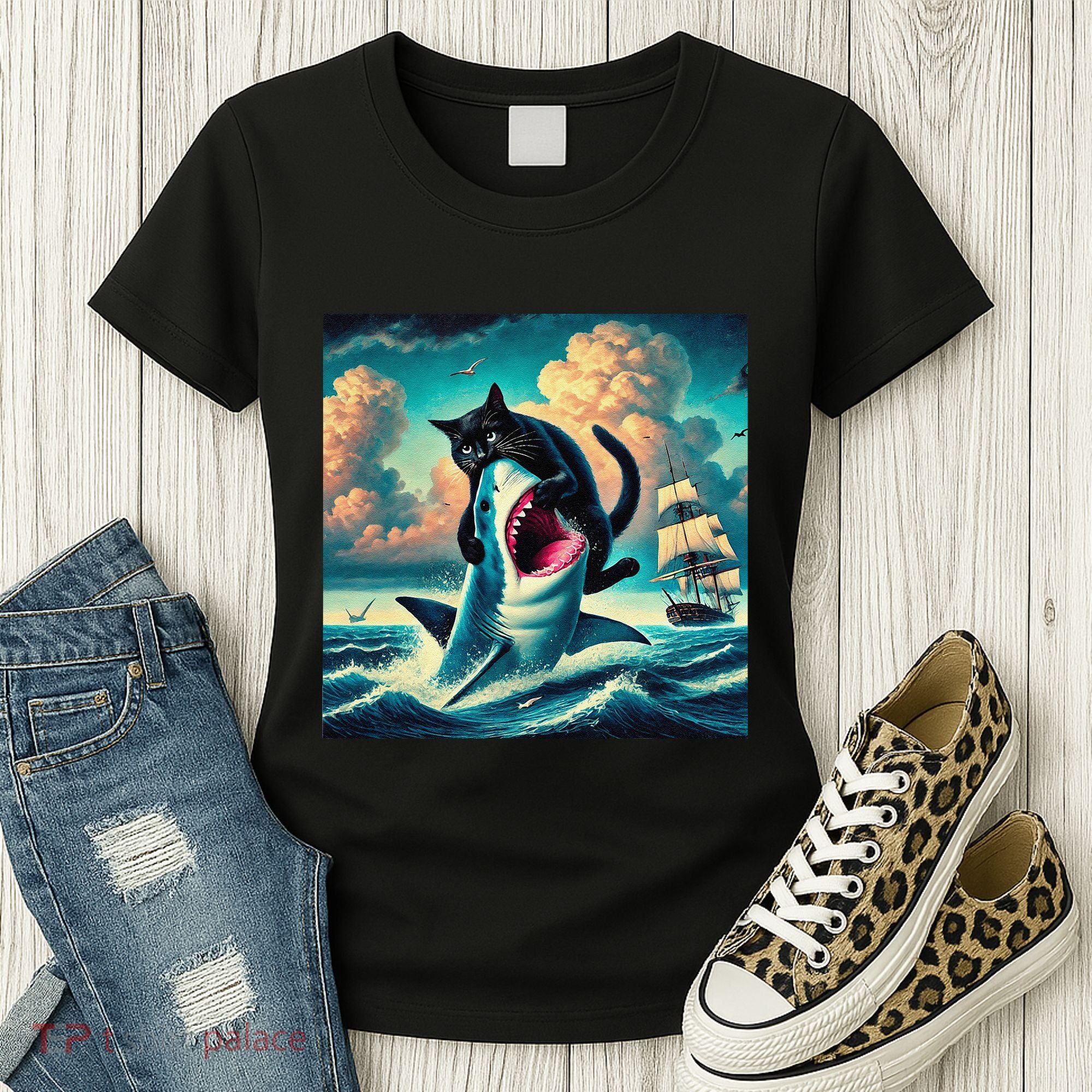 Cat Biting Shark Funny Art And Cat Lover Funny Women's T-Shirt