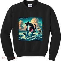 Cat Biting Shark Funny Art And Cat Lover Funny Kids Sweatshirt thumb 0