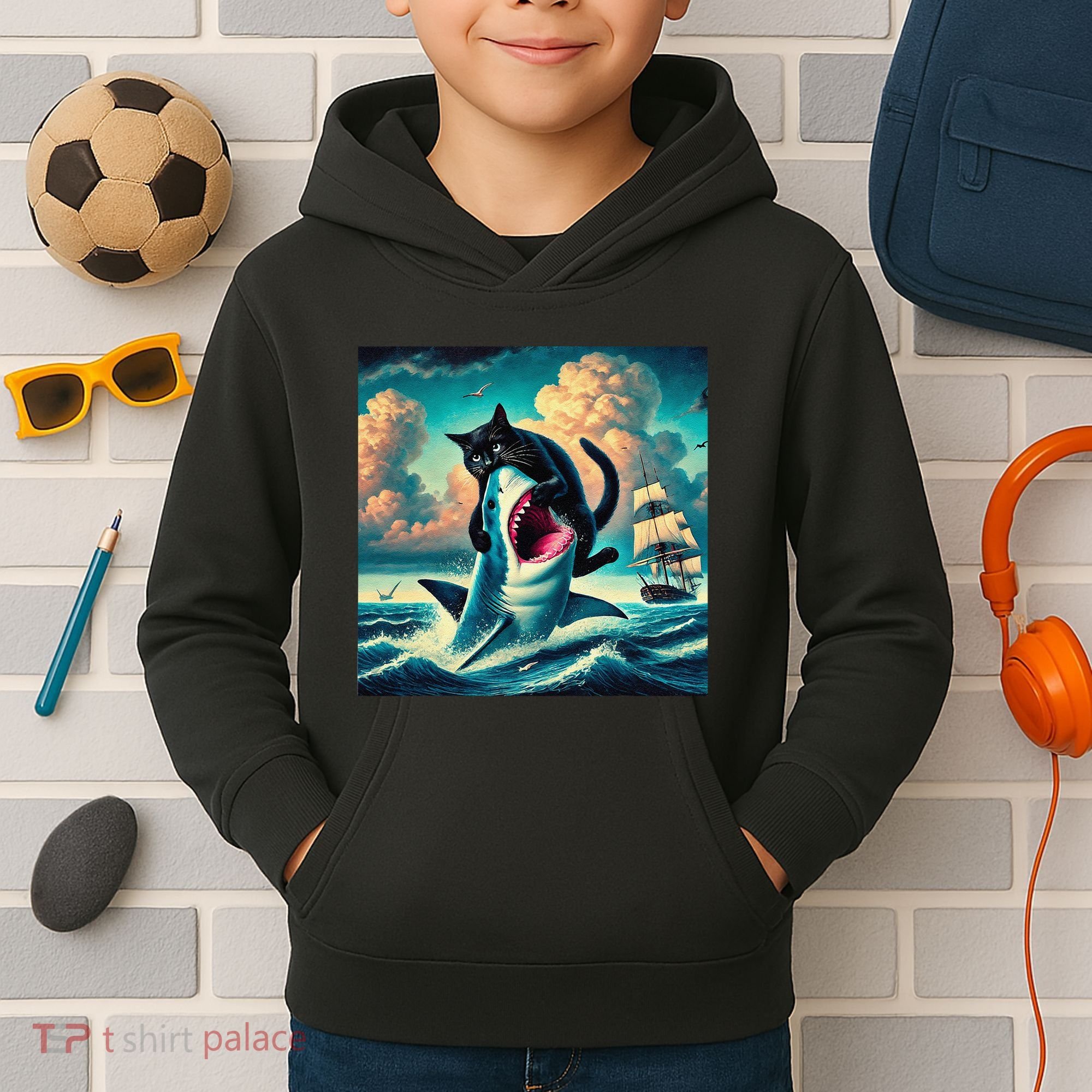 Cat Biting Shark Funny Art And Cat Lover Funny Kids Hoodie