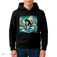 Cat Biting Shark Funny Art And Cat Lover Funny Kids Hoodie thumb 4