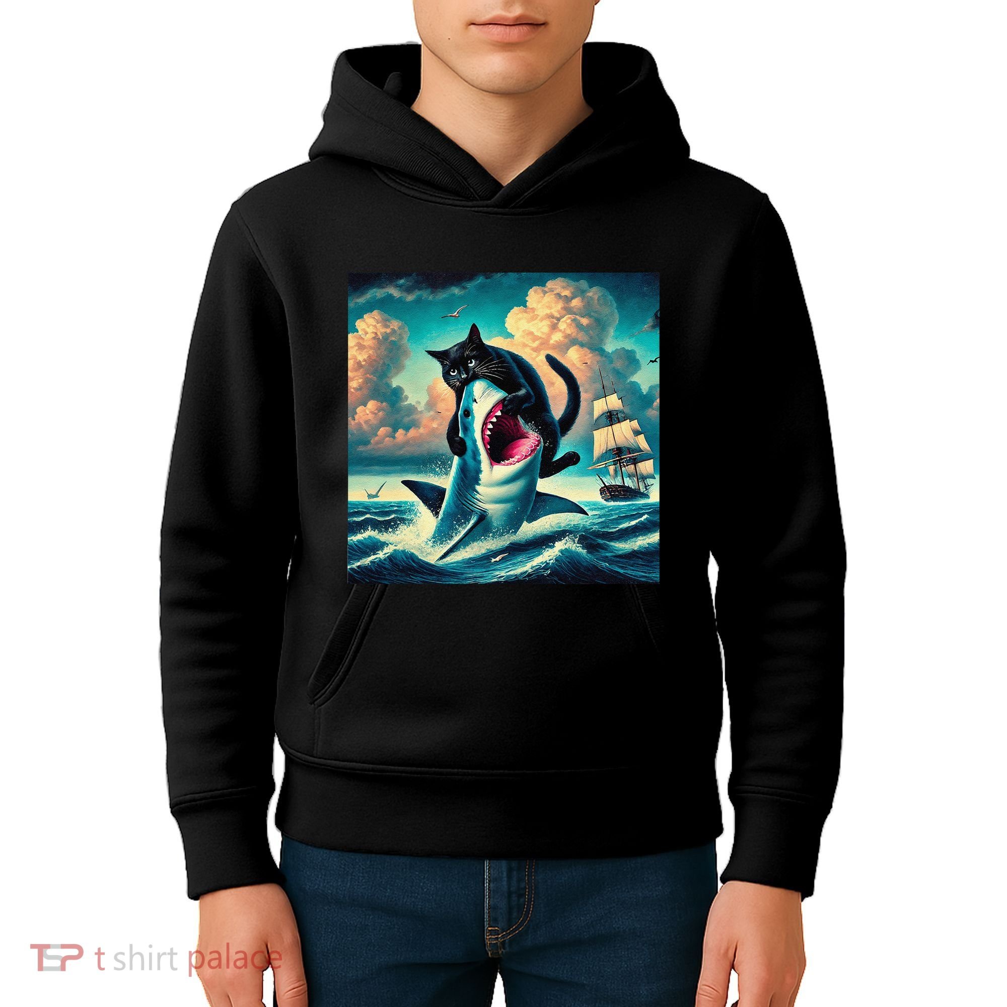 Cat Biting Shark Funny Art And Cat Lover Funny Kids Hoodie