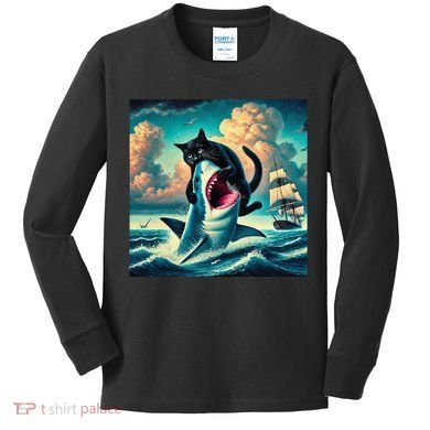Cat Biting Shark Funny Art And Cat Lover Funny Kids Long Sleeve Shirt