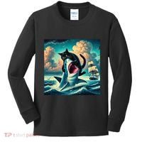 Cat Biting Shark Funny Art And Cat Lover Funny Kids Long Sleeve Shirt thumb 0