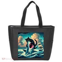 Cat Biting Shark Funny Art And Cat Lover Funny Tote Bag thumb 0
