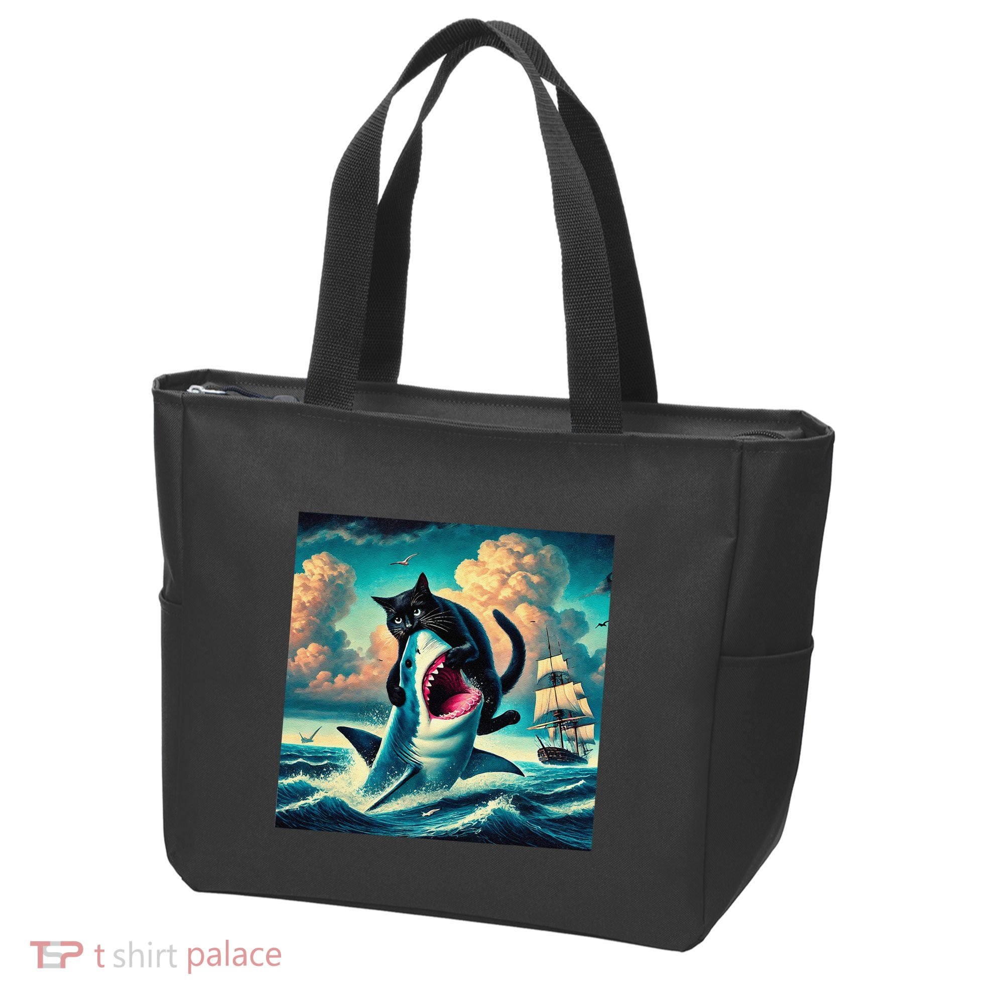 Cat Biting Shark Funny Art And Cat Lover Funny Tote Bag