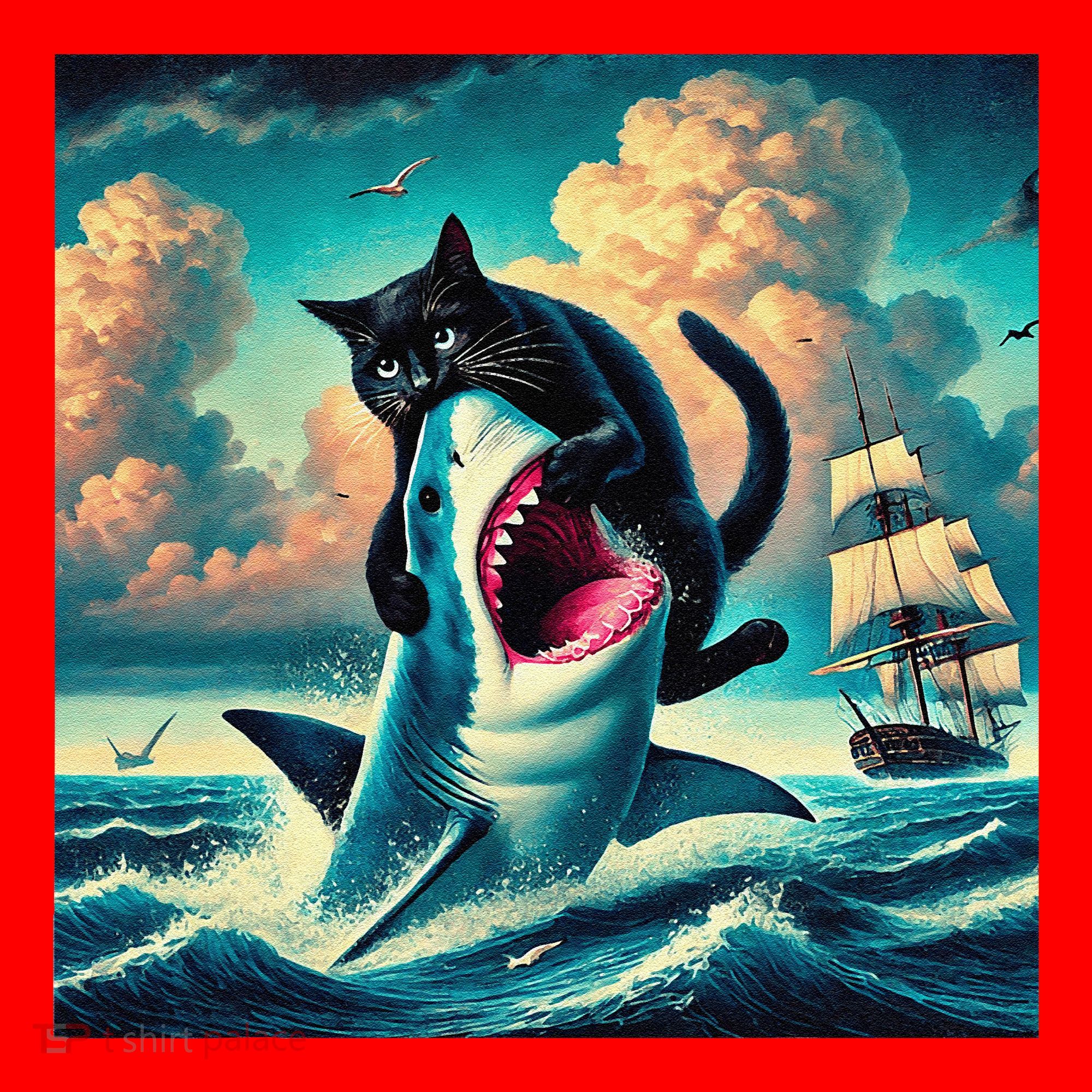 Cat Biting Shark Funny Art And Cat Lover Funny Santa Hat
