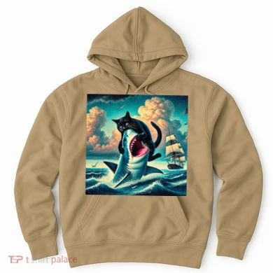 Cat Biting Shark Funny Art And Cat Lover Funny Hoodie