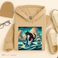 Cat Biting Shark Funny Art And Cat Lover Funny Hoodie thumb 4