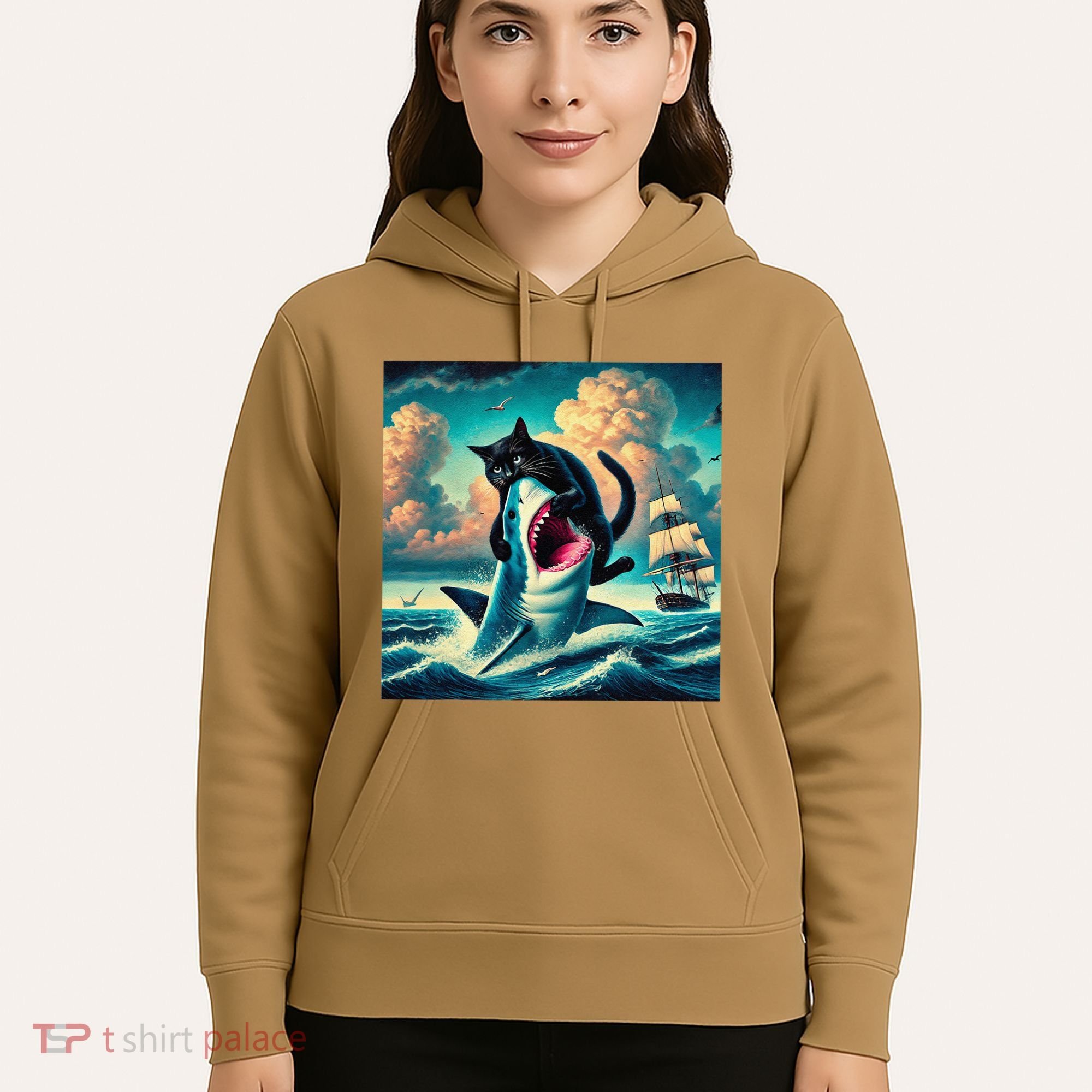 Cat Biting Shark Funny Art And Cat Lover Funny Hoodie