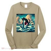 Cat Biting Shark Funny Art And Cat Lover Funny Long Sleeve Shirt thumb 0