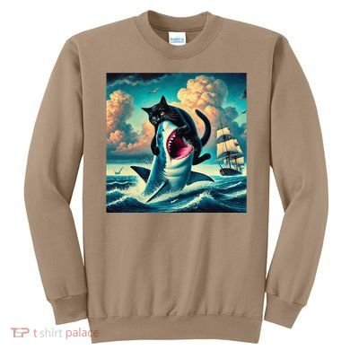 Cat Biting Shark Funny Art And Cat Lover Funny Sweatshirt