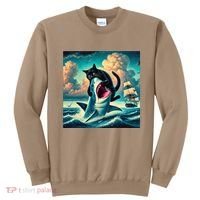 Cat Biting Shark Funny Art And Cat Lover Funny Sweatshirt thumb 0
