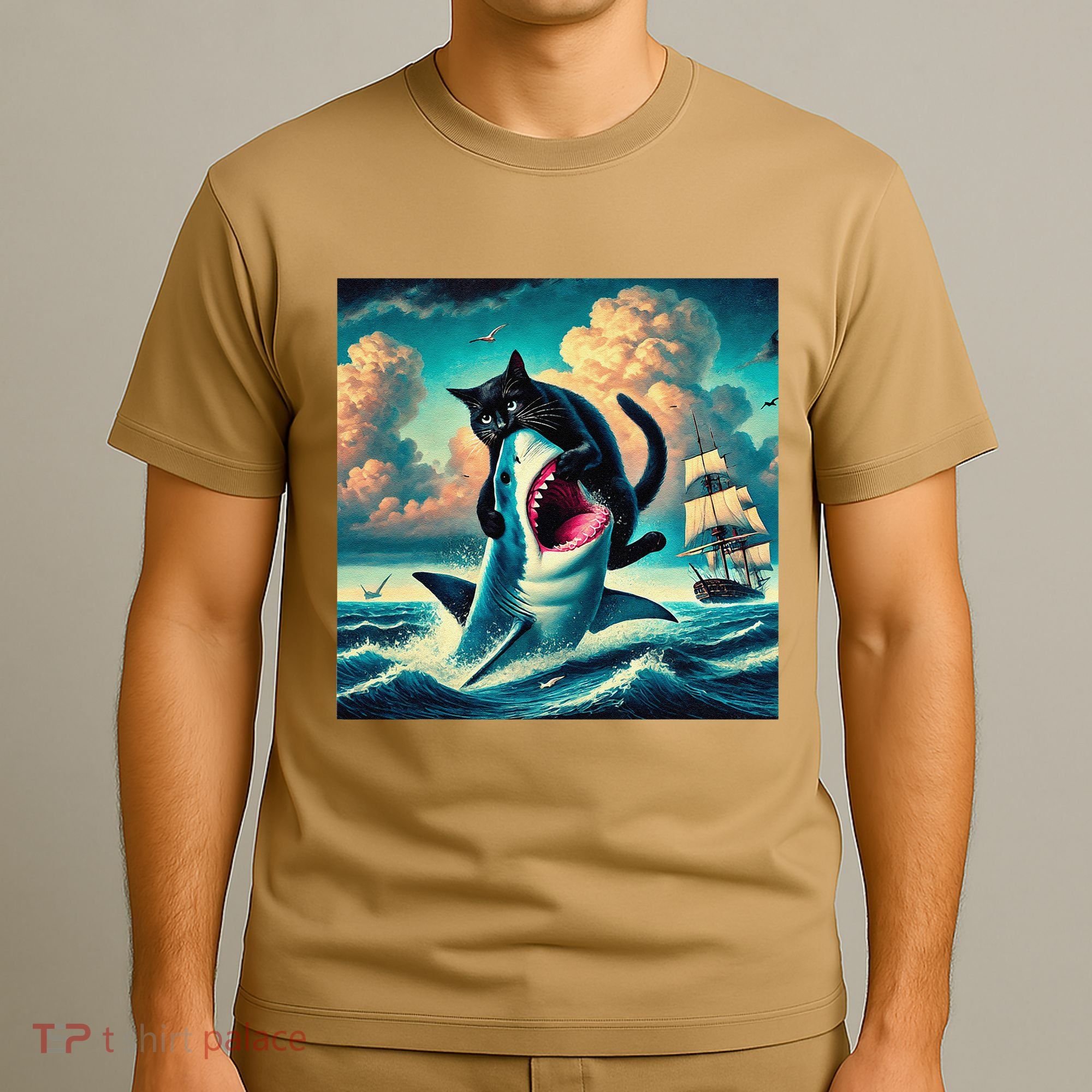 Cat Biting Shark Funny Art And Cat Lover Funny T-Shirt