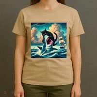 Cat Biting Shark Funny Art And Cat Lover Funny T-Shirt thumb 4
