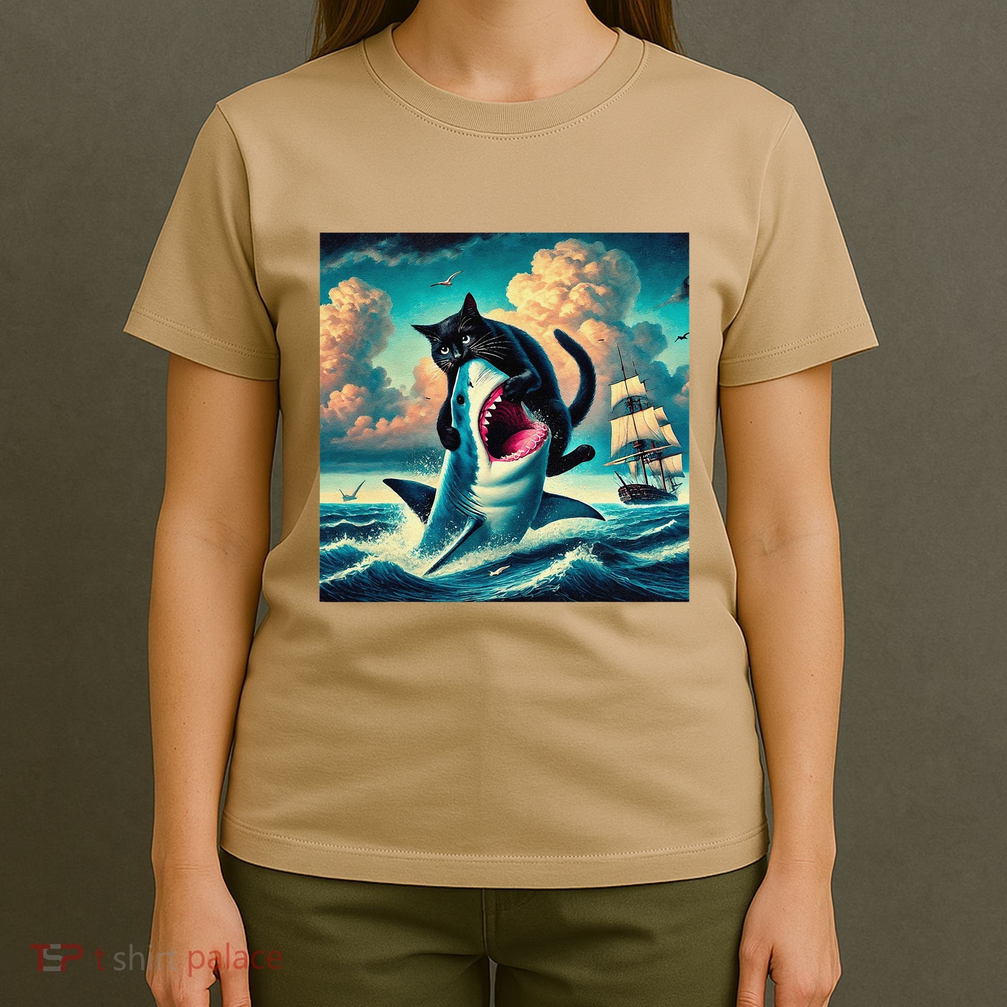 Cat Biting Shark Funny Art And Cat Lover Funny T-Shirt