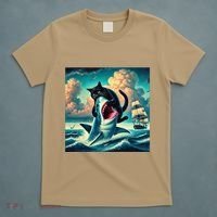 Cat Biting Shark Funny Art And Cat Lover Funny T-Shirt thumb 5
