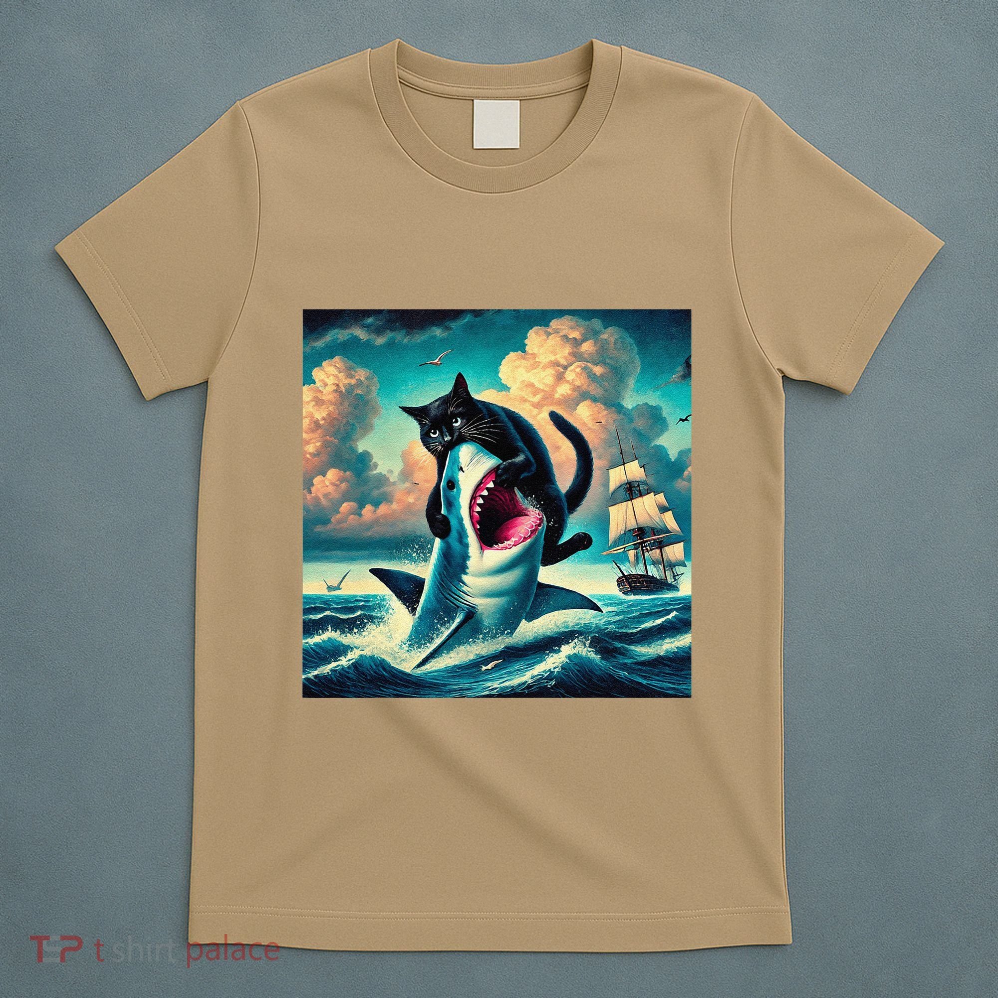 Cat Biting Shark Funny Art And Cat Lover Funny T-Shirt