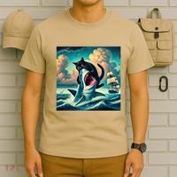 Cat Biting Shark Funny Art And Cat Lover Funny T-Shirt thumb 6
