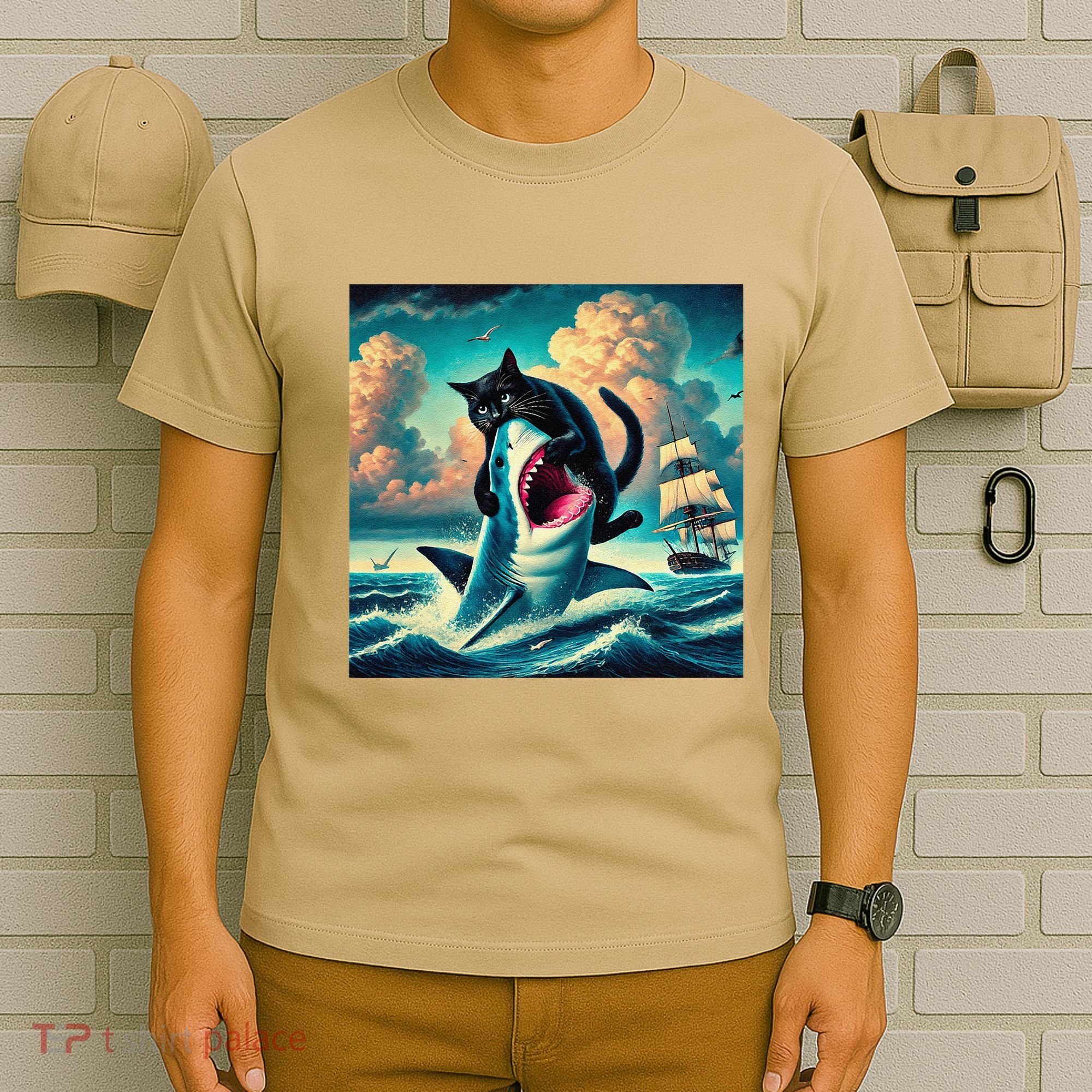 Cat Biting Shark Funny Art And Cat Lover Funny T-Shirt
