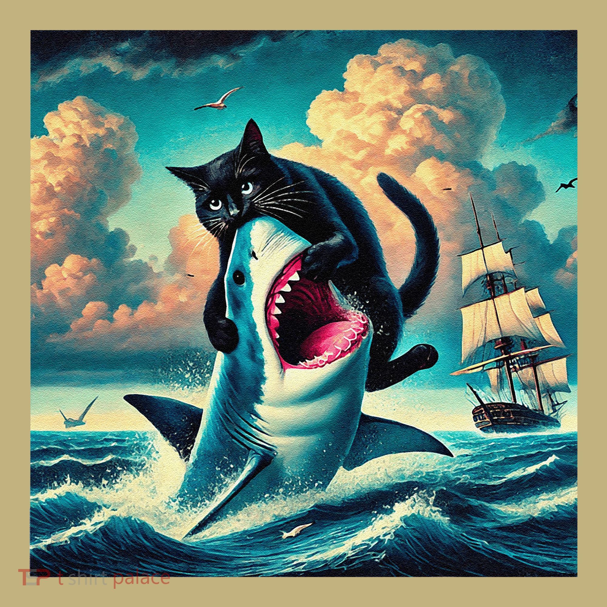 Cat Biting Shark Funny Art And Cat Lover Funny T-Shirt
