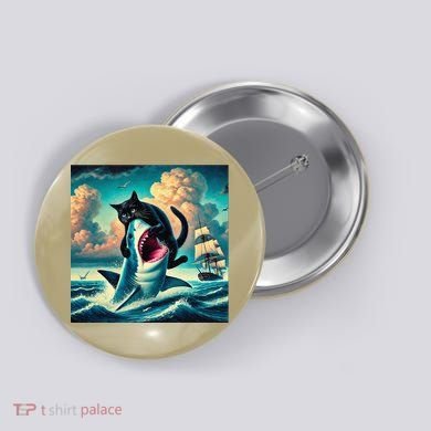 Cat Biting Shark Funny Art And Cat Lover Funny Button