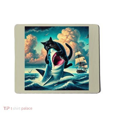 Cat Biting Shark Funny Art And Cat Lover Funny Mousepad